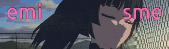 a girl with her eyes closed is behind a chain link fence with the words emi sme written above her