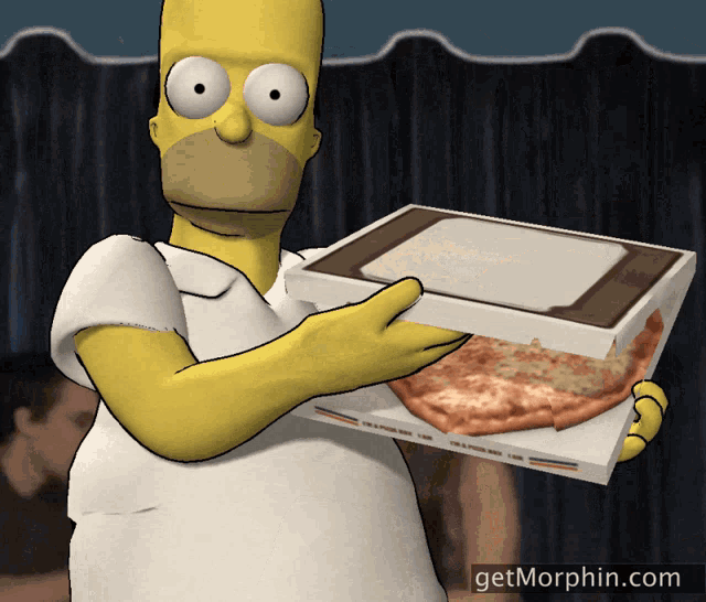 homer simpson is holding a box of pizza with the website getmorphin.com in the corner