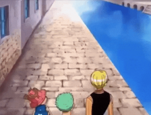a group of cartoon characters are walking down a cobblestone street .