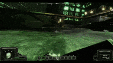 a video game is being played with a green background and a crosshair