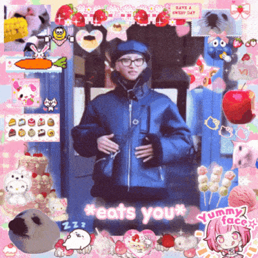 a man in a blue jacket is surrounded by pink stickers and the words " eats you "