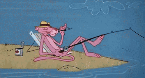a pink panther smoking a cigarette while fishing