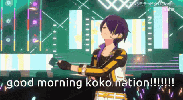 a purple haired anime character with the words good morning koko nation on the bottom
