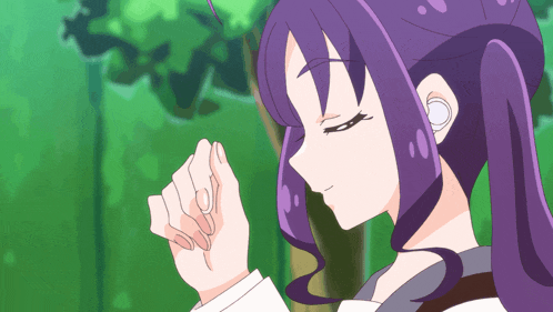 a girl with purple hair is wearing a white shirt