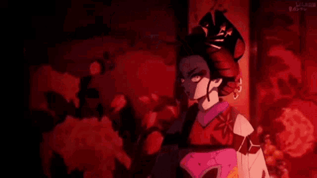 a close up of a cartoon character with a red background and a shadow on her face .