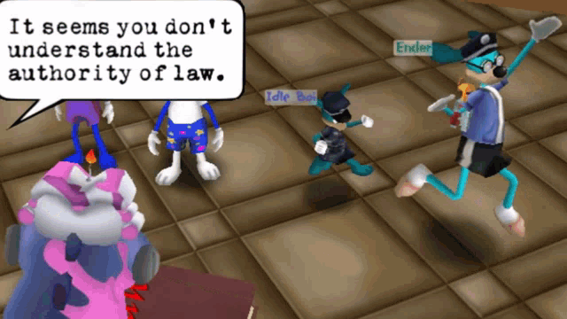 a video game scene with a speech bubble that says it seems you don 't understand the authority of law