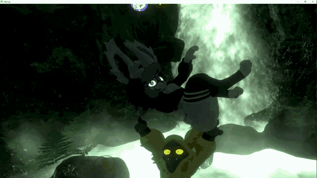 a screenshot of a video game with a purple bunny and a yellow monster