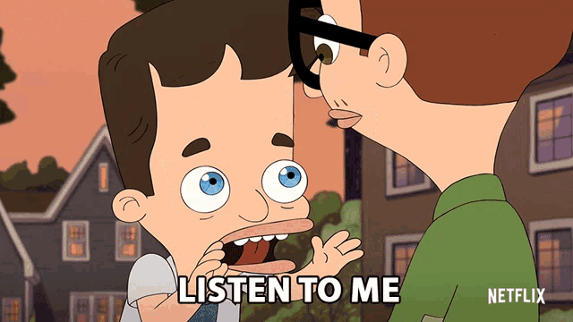 a cartoon character says listen to me in front of a building