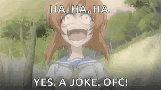 a girl in a sailor suit is laughing with her mouth open and says `` yes , a joke , ofc ! ''