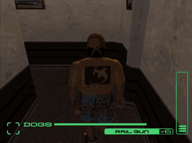 a video game shows a man walking down a hallway with the words dogs and rail gun