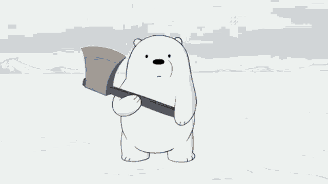 ice bear from we bare bears is holding a shovel in his paws .