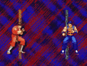 a pixel art of a man in a red shirt and blue pants