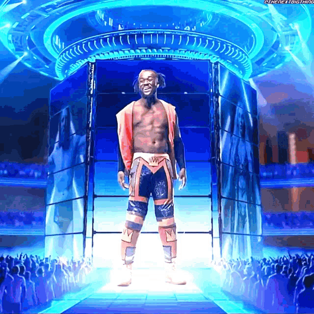 a man in a wrestling outfit is standing in front of a crowd with a caption that says ' the next level '