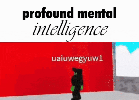 a picture of a person standing in front of a red wall with the words `` profound mental intelligence '' written on it .