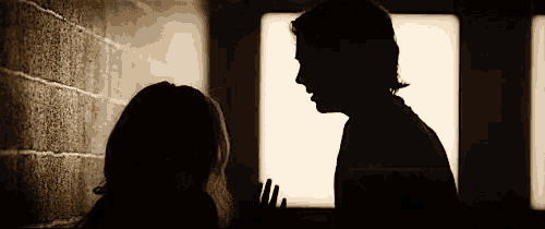 a silhouette of a man and a woman standing next to each other in front of a window .