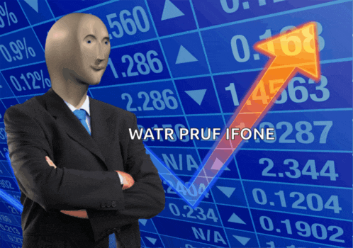 a man in a suit and tie stands in front of a stock chart that says watr pruf ifone