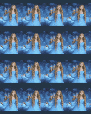 a woman in a blue dress stands in a row of images
