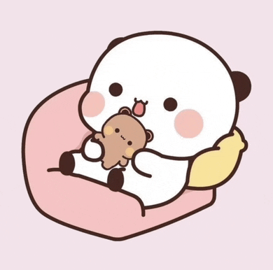 a cartoon panda is sitting on a pink pillow holding a teddy bear .