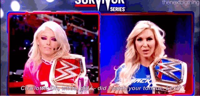 two women are standing next to each other in front of a sign that says survivor series on it