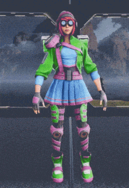 a girl in a green and pink outfit is standing in front of a mountain range