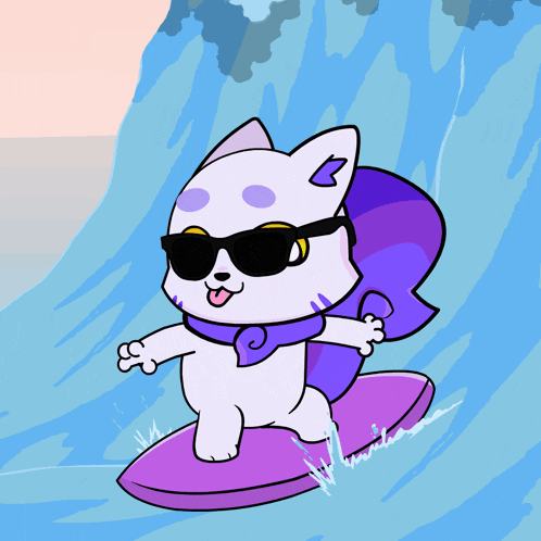 a cartoon of a cat wearing sunglasses riding a wave
