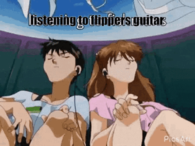 a man and a woman are listening to flipper 's guitar while sitting next to each other .