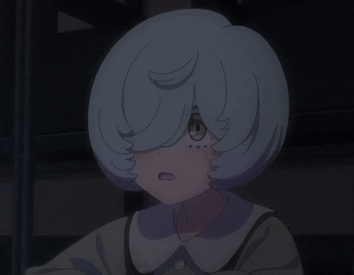 a girl with blue hair and a white collar looks surprised