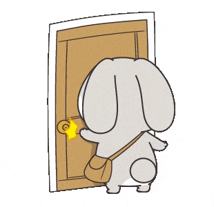 a cartoon rabbit is knocking on a door with a bag