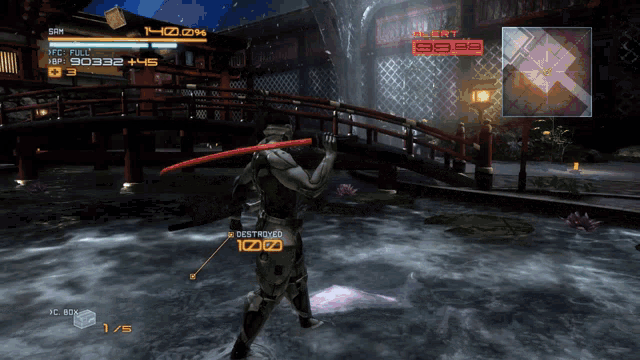 a video game screen shows a character with a red sword and says destroyed on it