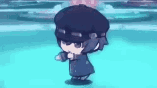 a little boy in a hat is dancing on a blue surface .
