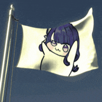a white flag with a picture of a girl with purple hair