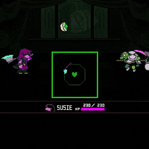 a pixel art screenshot of a video game where susie is fighting a monster .