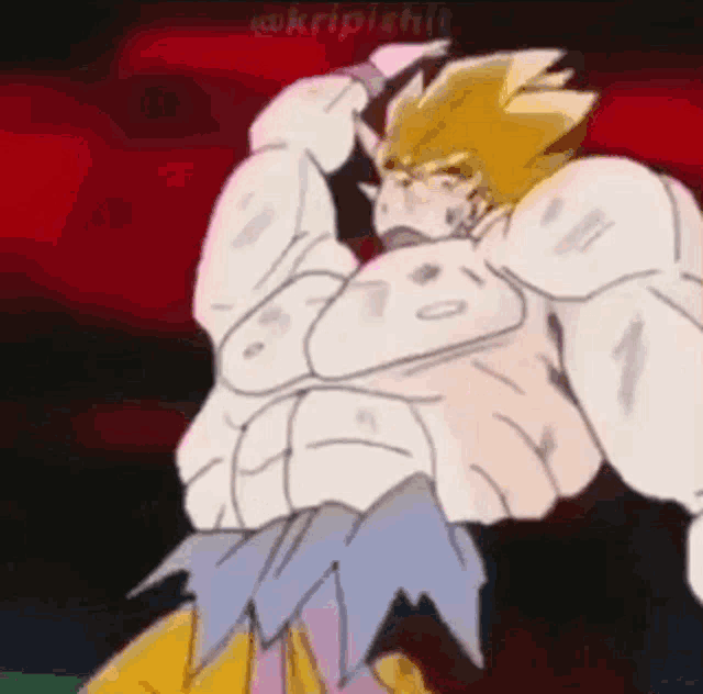 a cartoon of a man with a very muscular body is standing in a dark room .