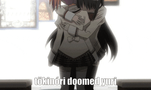a girl hugging another girl with the words tokinori doomed yuri written on the bottom