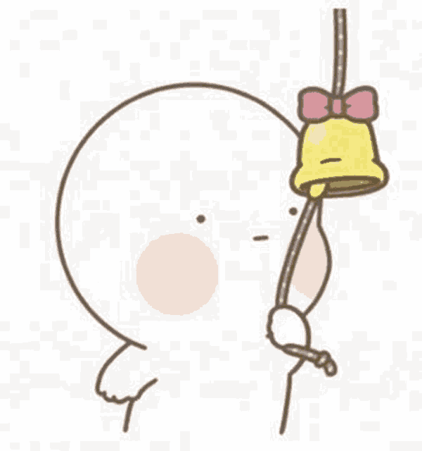 a white cartoon character is holding a bell with a pink bow on it .