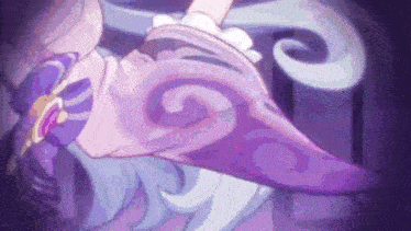 a close up of a person wearing a purple hat