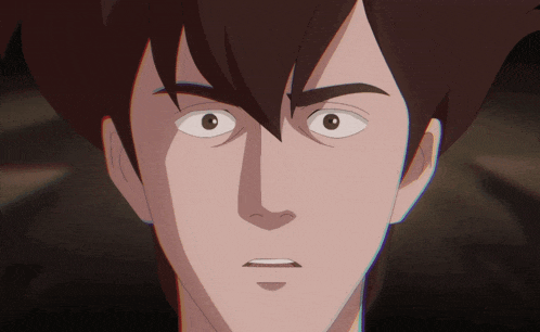 a close up of a cartoon character 's face with a surprised expression