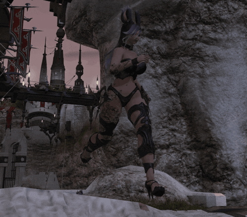 a woman with horns is standing on a rock in front of a castle in a video game