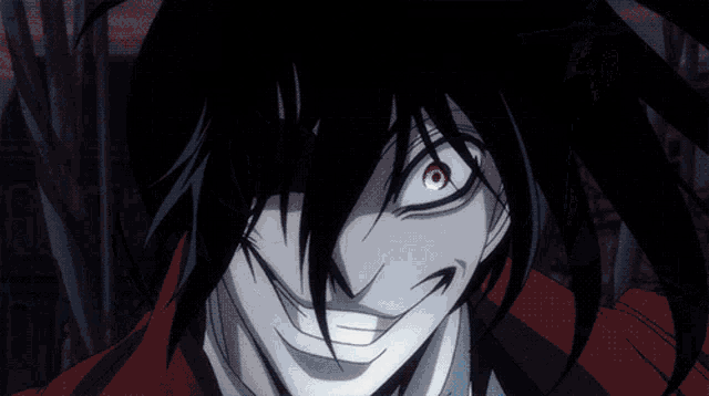 a cartoon character with red eyes is smiling and holding a camera