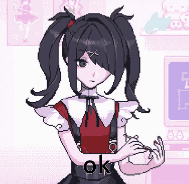 a pixel art drawing of a girl with pigtails and the word ok