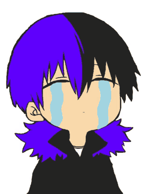 a drawing of a person with blue hair and black eyes