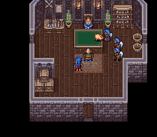 a video game shows a group of people standing around a table with a green rug