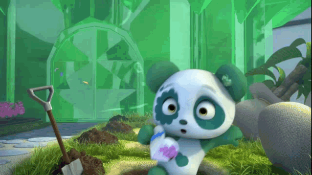 a cartoon panda bear is holding a shovel in a garden