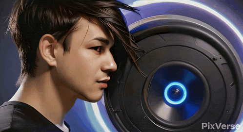 a painting of a man with a speaker in the background and pixverse written on the bottom