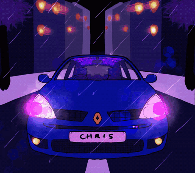 a drawing of a blue car with the name chris on it
