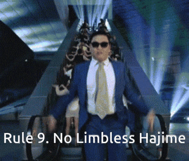 a man in a suit and tie is riding an escalator with the words rule 9 no limbless hajime written below him