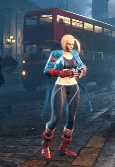 a woman in a blue jacket and red boots is standing on a sidewalk in front of a red double decker bus