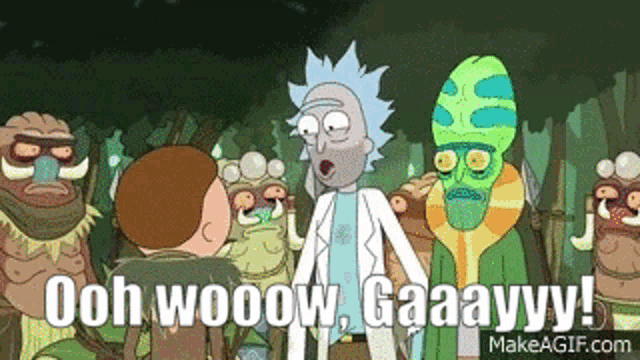 a cartoon of rick and morty saying ooh wooow gaaayyy on makeagif.com