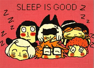a group of cartoon characters laying next to each other on a red background with the words `` sleep is good '' .