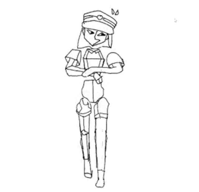 a black and white drawing of a robot with a hat on standing on one leg .